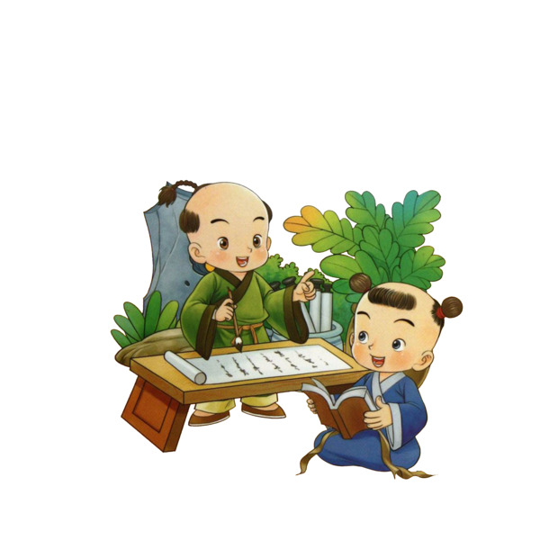 高清PNG透明素材，手绘卡通小孩看书与写字，创意卡通元素设计下载