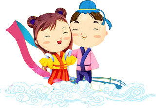 卡通牛郎织女祥云图，高清PNG透明，情人节节日元素设计素材下载