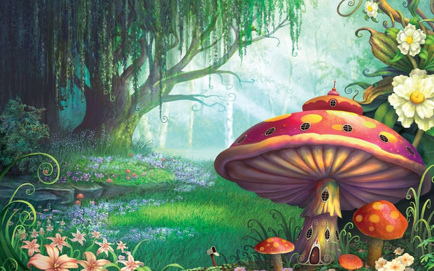 手绘卡通蘑菇绿色森林PNG透明背景，高清素材下载