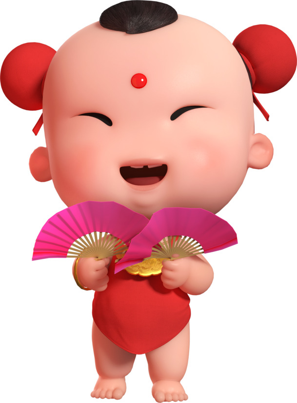 招财童子春节扇子，三维高清PNG透明图片，节日元素大放送，设计素材免费下载