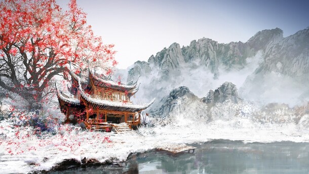 中国风梅花雪山PNG透明背景素材，古典梦幻高清图片设计下载