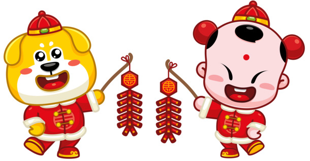 童子金狗贺岁手绘鞭炮PNG透明图，节日元素设计素材免费下载