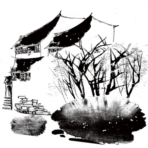 乡村水墨画PNG透明素材，手绘卡通元素，高清下载