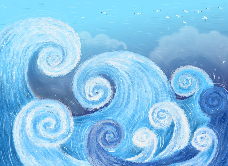 海浪卡通背景素材，高清JPG与手绘PSD格式，免费下载