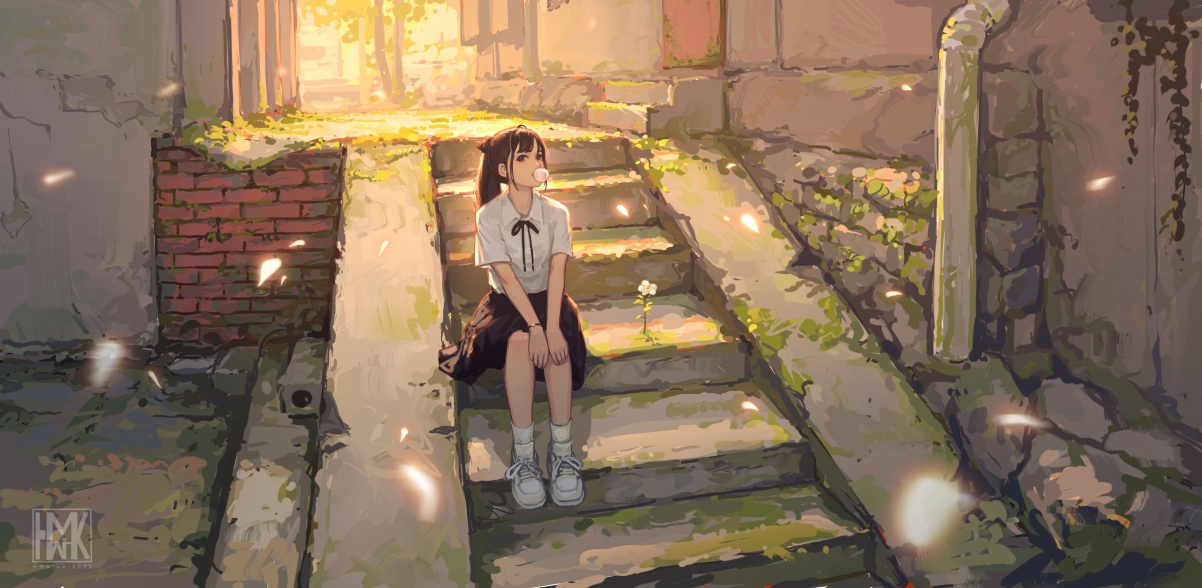 青苔小巷，吹泡泡女孩绝美瞬间，4K动漫壁纸高清下载，尺寸4341x2122