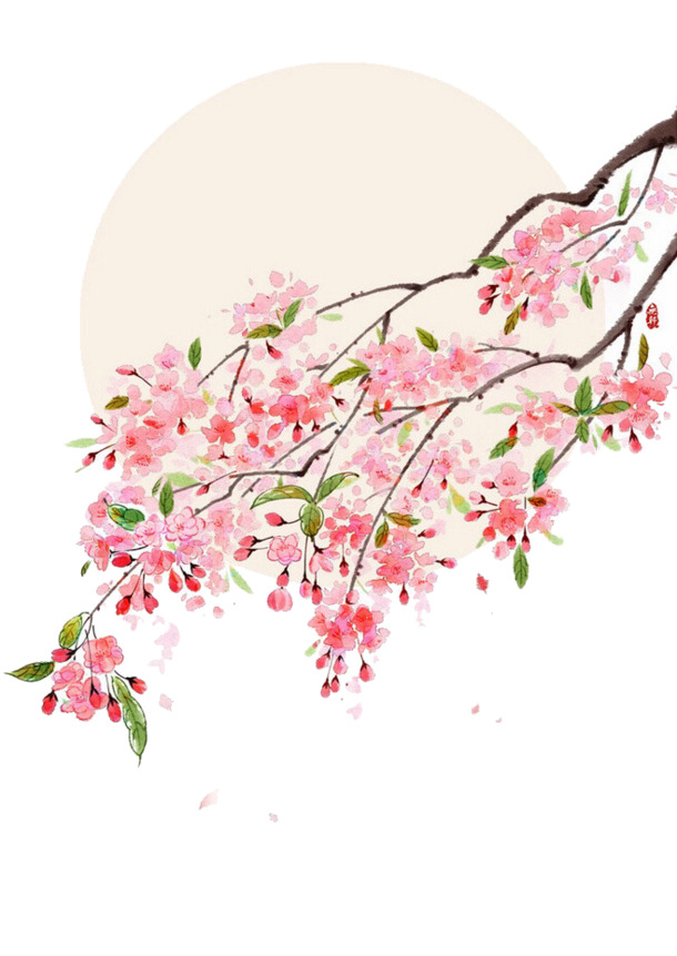 手绘桃花边框PNG透明图，古典中国风设计素材，高清下载