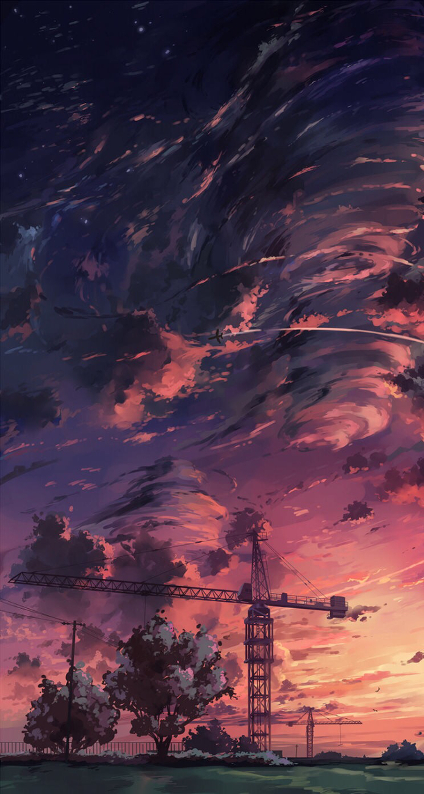 红色天空吊车海报背景，高清动漫PNG透明图，H5设计素材下载