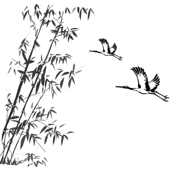丹顶鹤竹子剪影PNG透明图，高清漂浮叶子元素，设计素材免费下载