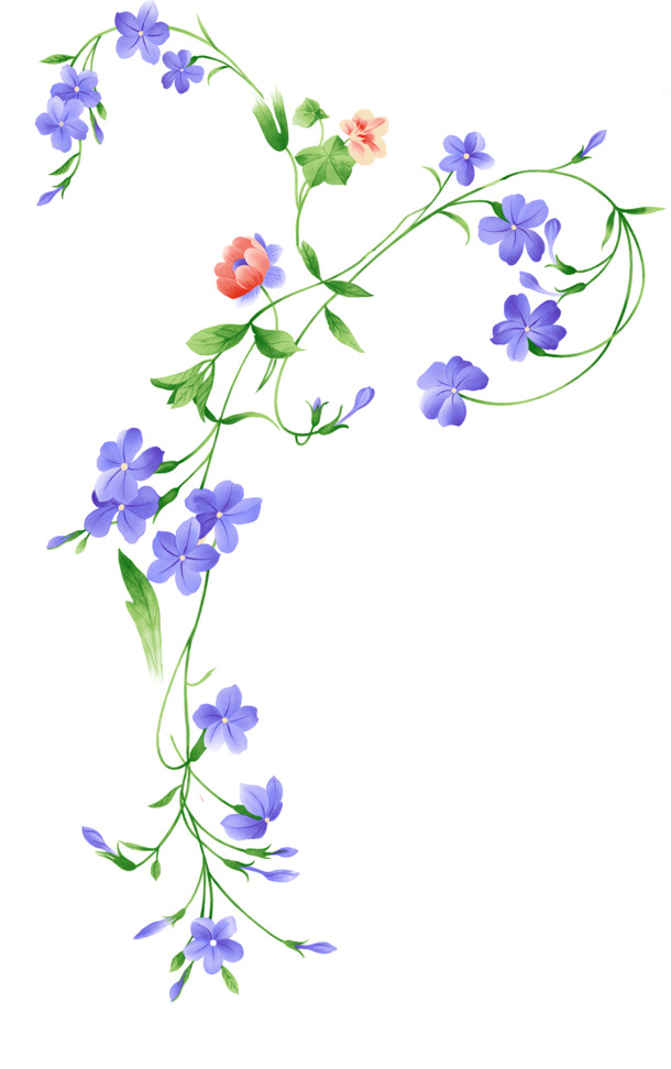 高清蓝色花朵PNG透明图片，漂浮花枝与叶子设计素材下载
