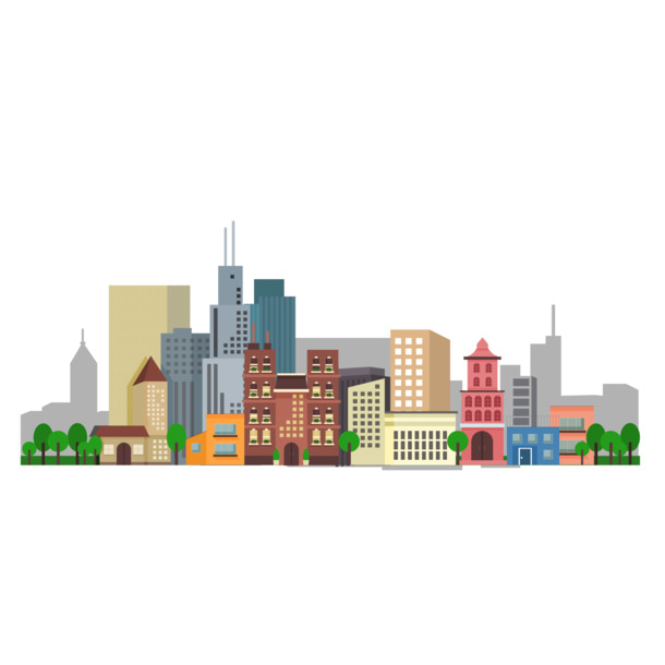 城市现代建筑手绘卡通PNG透明图，AI格式设计素材免费下载