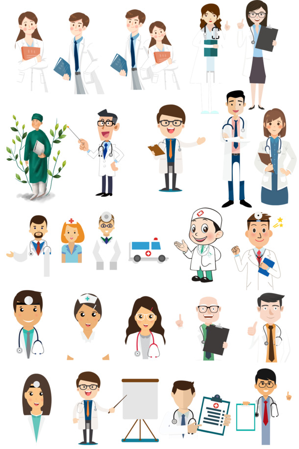 卡通医生手绘素材，高清PNG/PSD，透明背景，丰富卡通元素下载