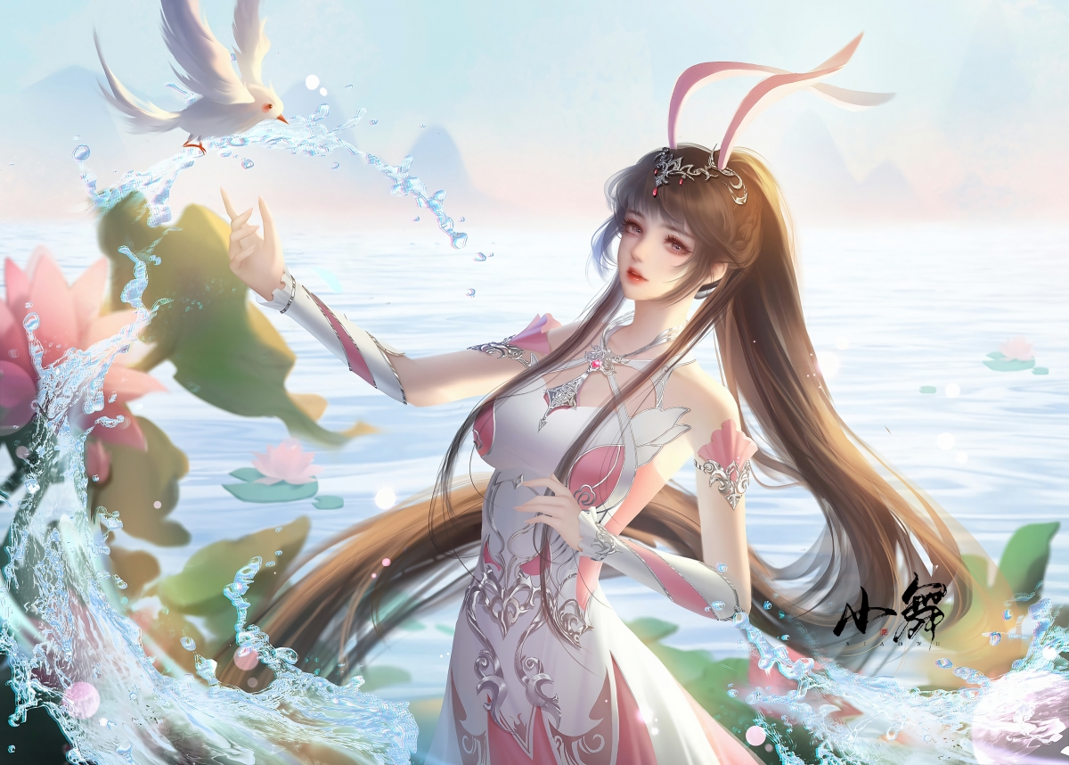 小舞赏荷，水波荡漾，鸟鸣荷香，超清4K动漫壁纸，高清4000x2860免费下载