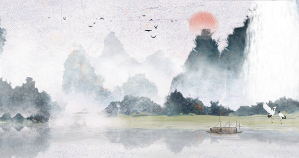 中国风古典山水画小船漂流PNG透明背景图片素材，高清下载