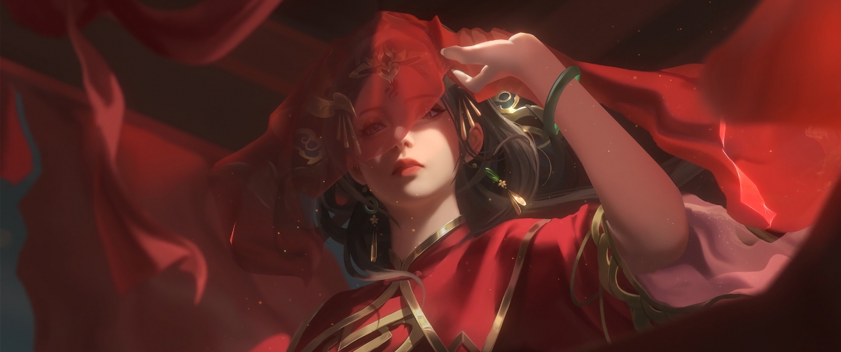 新娘红裙头纱绝美，高清4K动漫壁纸下载，带鱼屏专享