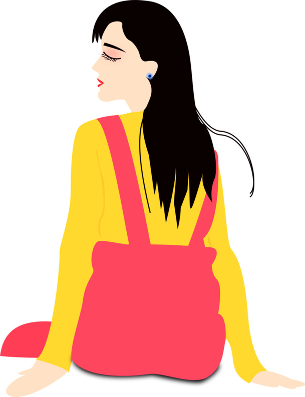 妇女节手绘美女PNG透明图片，黄衣红裙节日元素，高清素材免费下载