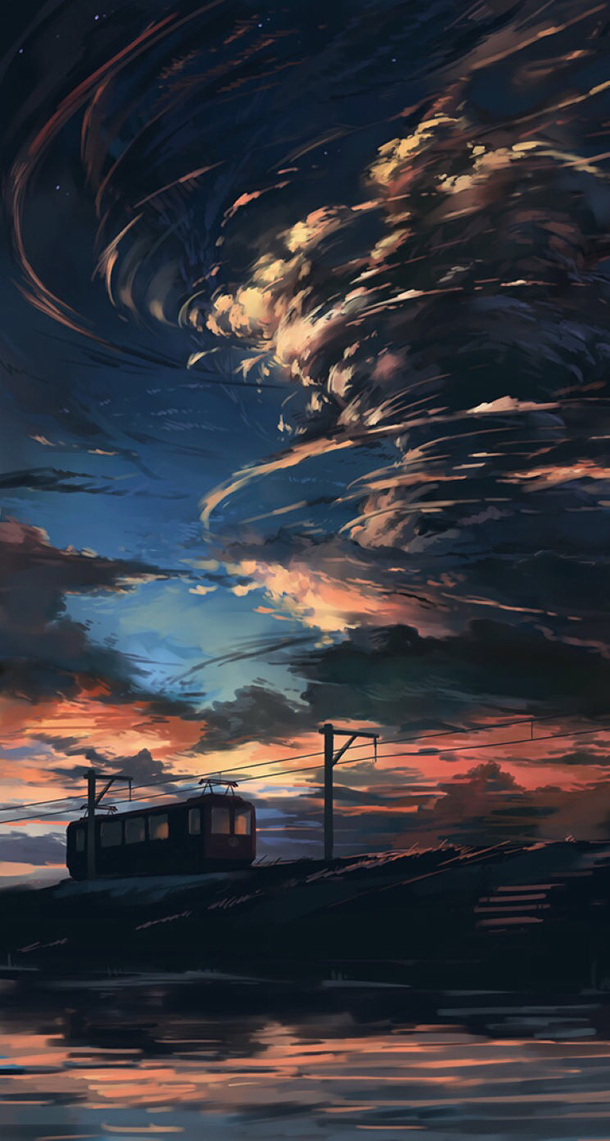 黑夜电车龙卷风动漫海报背景，高清PNG透明素材，适用于H5背景设计，免费下载