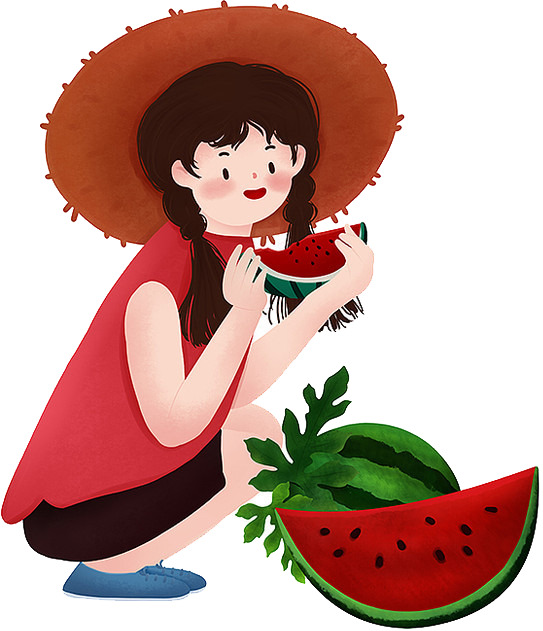 夏日西瓜女孩手绘卡通PNG透明图片，原创高清设计素材下载