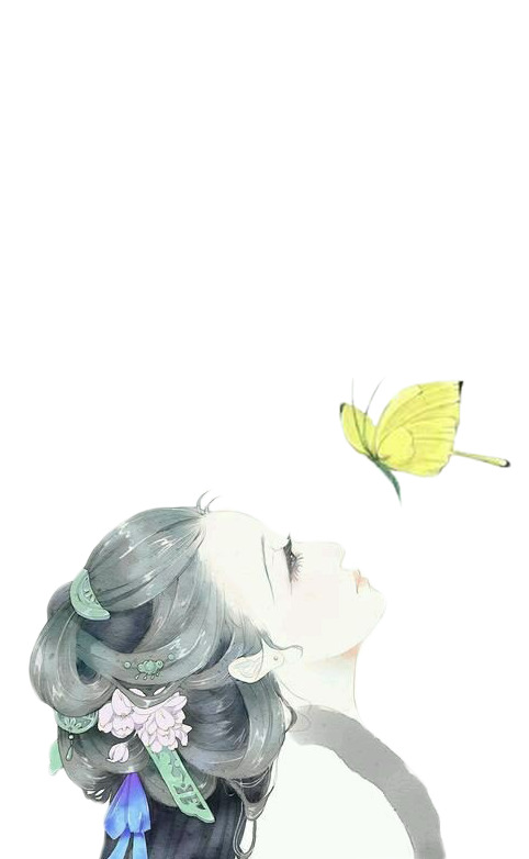 古风美女仰望蝴蝶手绘PNG，高清透明卡通元素设计素材下载