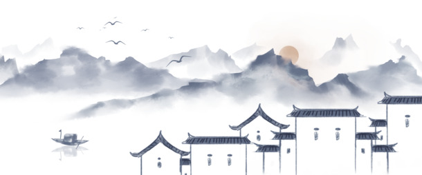中国风手绘水墨风景，徽派建筑高清PNG素材，透明装饰元素，免费下载