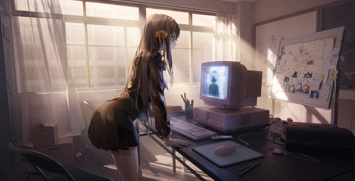 凉宫春日，黑色百褶裙美少女，4K高清壁纸，厚涂风格，优雅忧郁之美