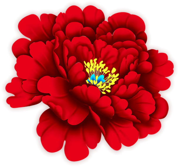 大红花高清PNG透明图片，黄色花蕊与漂浮花瓣，设计素材免费下载