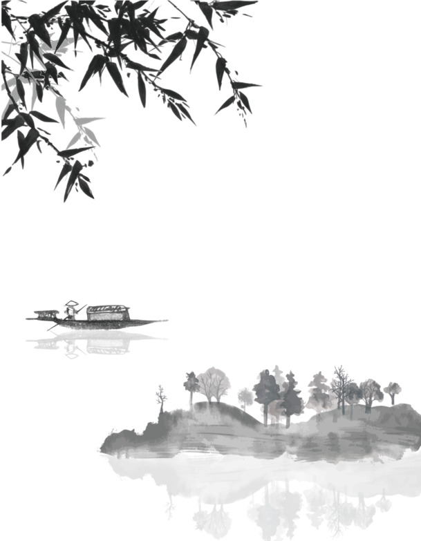 水墨湖边美景PNG透明图，国风装饰元素，高清下载
