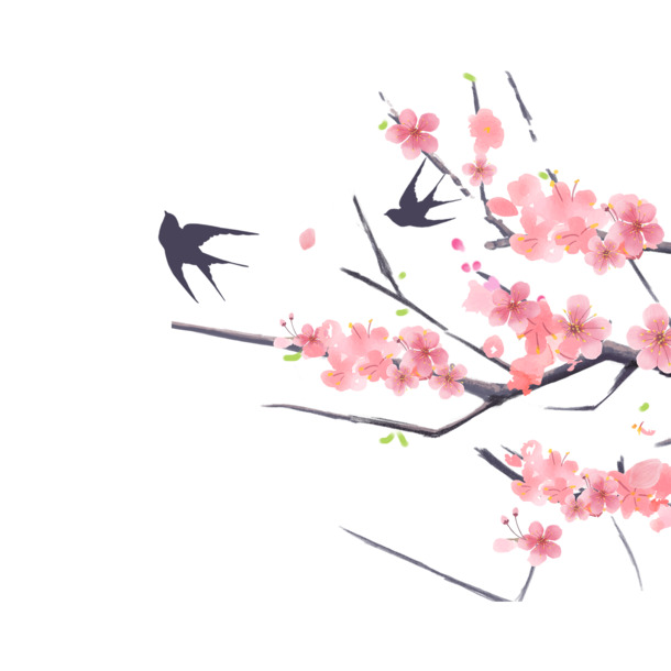 春日桃花盛放，燕子飞舞，高清PNG透明图片素材免费下载