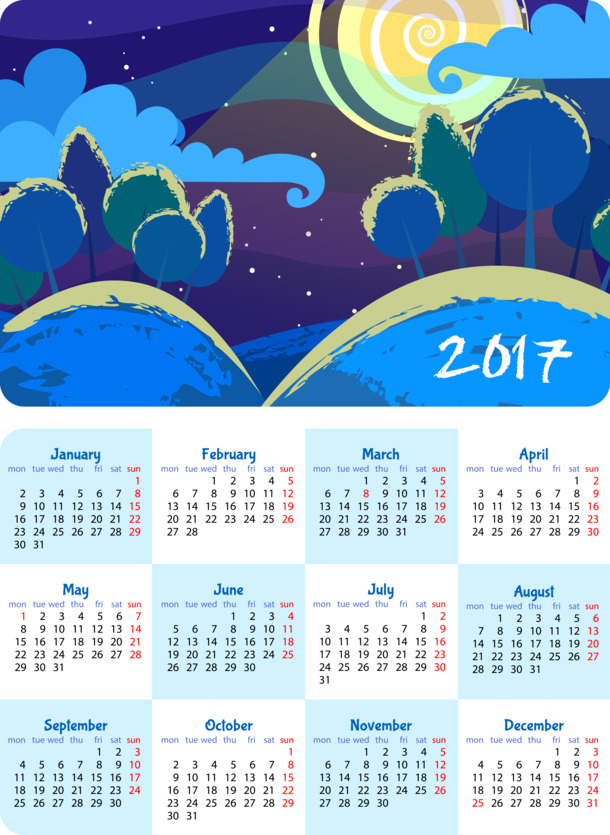 2017年矢量日历PNG透明背景，节日设计素材高清下载