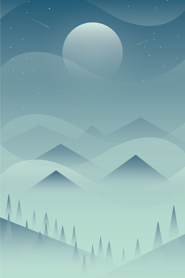 手绘夜晚蓝天白云PNG透明背景，几何扁平渐变设计素材下载