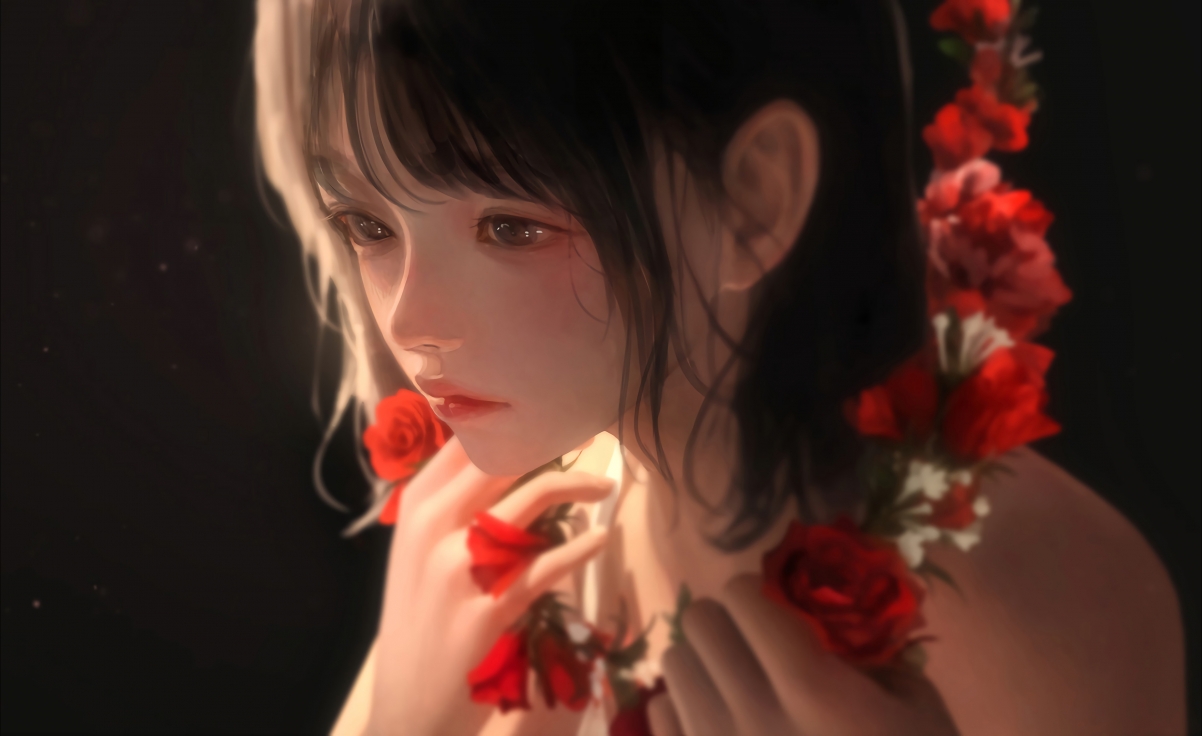 女孩红花映面，绝美4K动漫壁纸，高清3840x2353下载