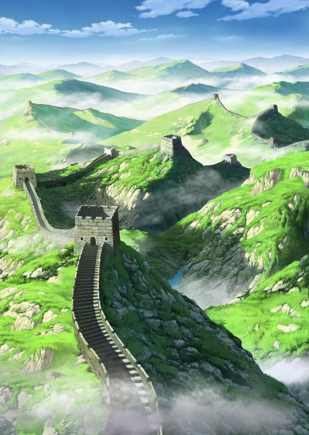 绿色山峰长城游戏截图，高清PNG透明背景，卡通手绘素材下载