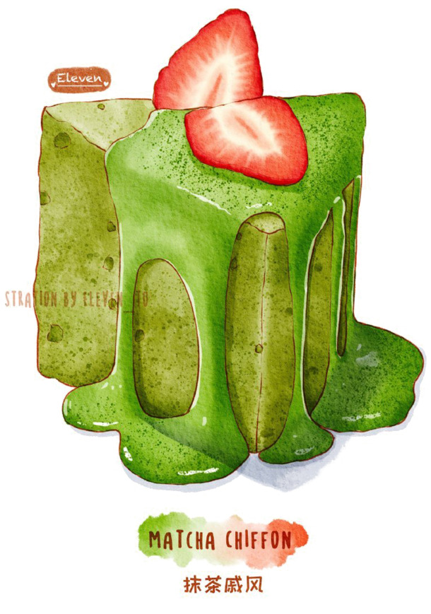 抹茶戚风蛋糕手绘插图，高清PNG透明图片，卡通元素丰富，设计素材免费下载