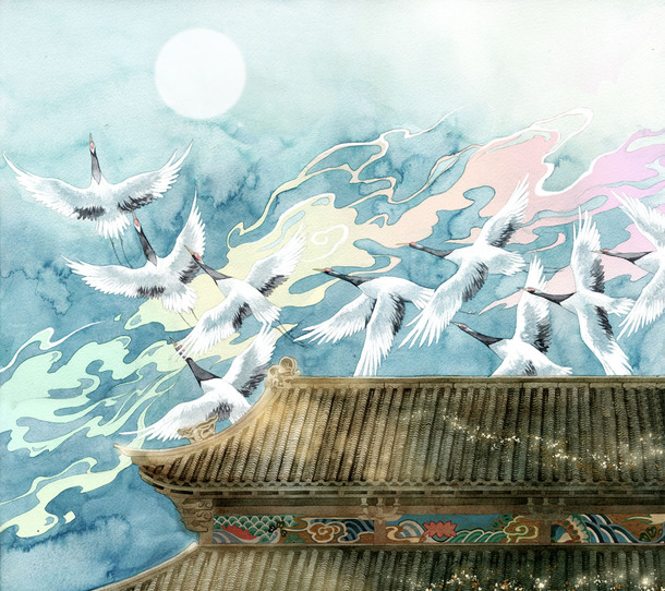 手绘古典仙鹤房屋PNG素材，高清透明背景，中国风元素设计下载