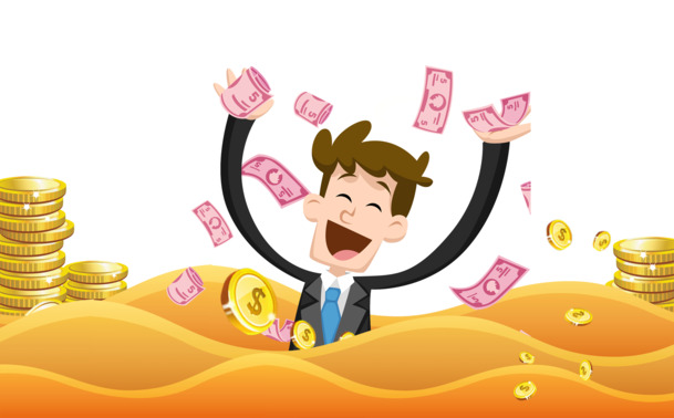 卡通男子赚钱主题PNG图片，金融装饰手绘元素，高清透明，设计素材下载