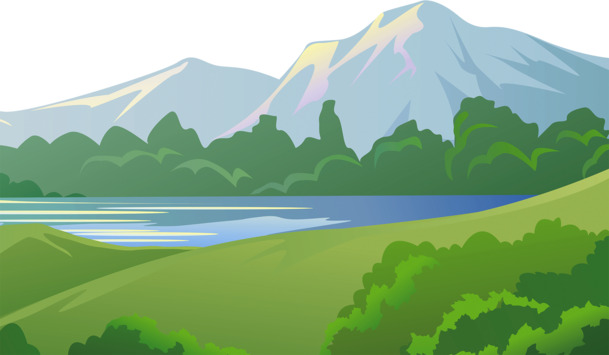 春天远山高清美景，手绘卡通山水绿树PNG透明背景图片素材下载