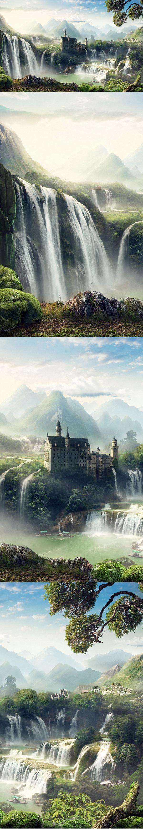 流水桃源城堡PNG背景，高清透明，H5设计素材免费下载