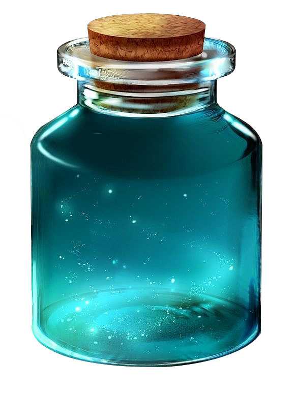 圆瓶蓝色药剂PNG透明图，漂浮花瓣元素，高清设计素材下载