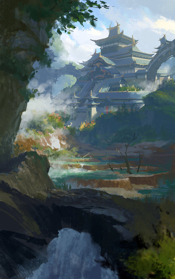 武侠场景建筑原画，高清PNG透明背景，卡通手绘元素，游戏设计素材下载