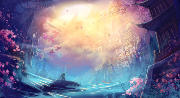 玄幻中国风城楼海报，高清PNG透明背景，抽象梦幻设计素材下载