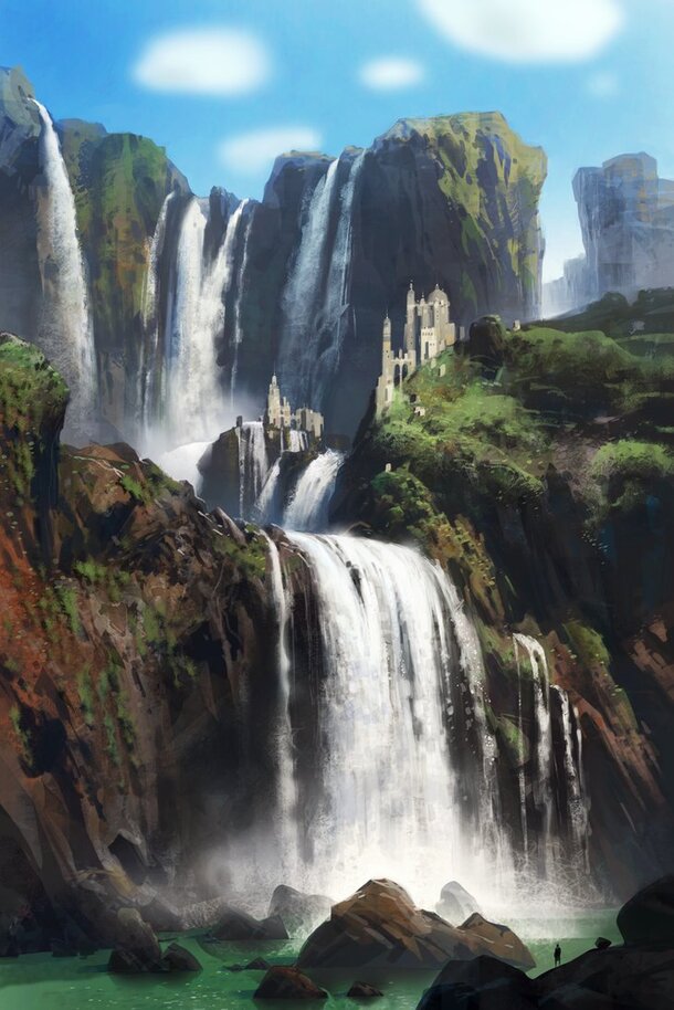 手绘瀑布峭壁青山PNG透明背景，卡通手绘图片素材下载