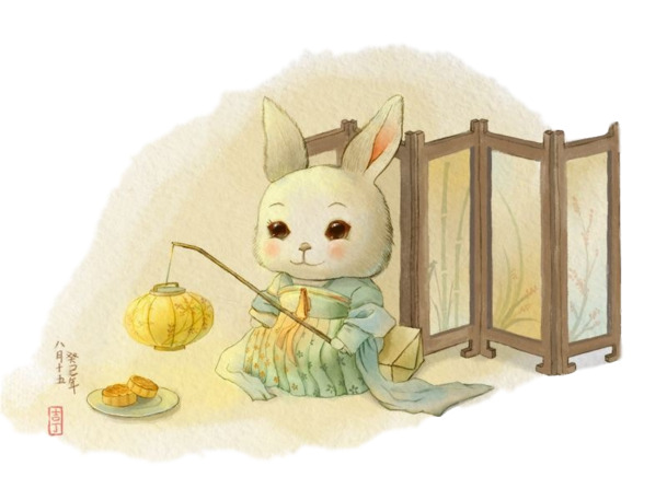 古风中秋，玉兔赏灯PNG透明图，高清节日元素，中秋图片素材下载