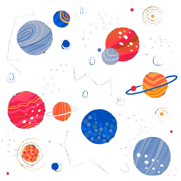 手绘五彩星空PNG透明图，卡通元素丰富，高清素材下载