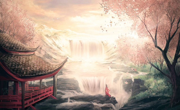 古风瀑布凉亭手绘PNG，高清透明背景，卡通风格图片设计素材下载
