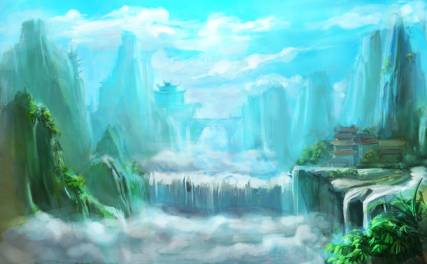 仙境山水壁画PNG素材，高清透明背景，卡通手绘风格，免费下载