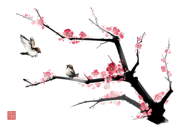 粉色梅花水墨画PNG素材，高清透明动植物元素，设计必备下载