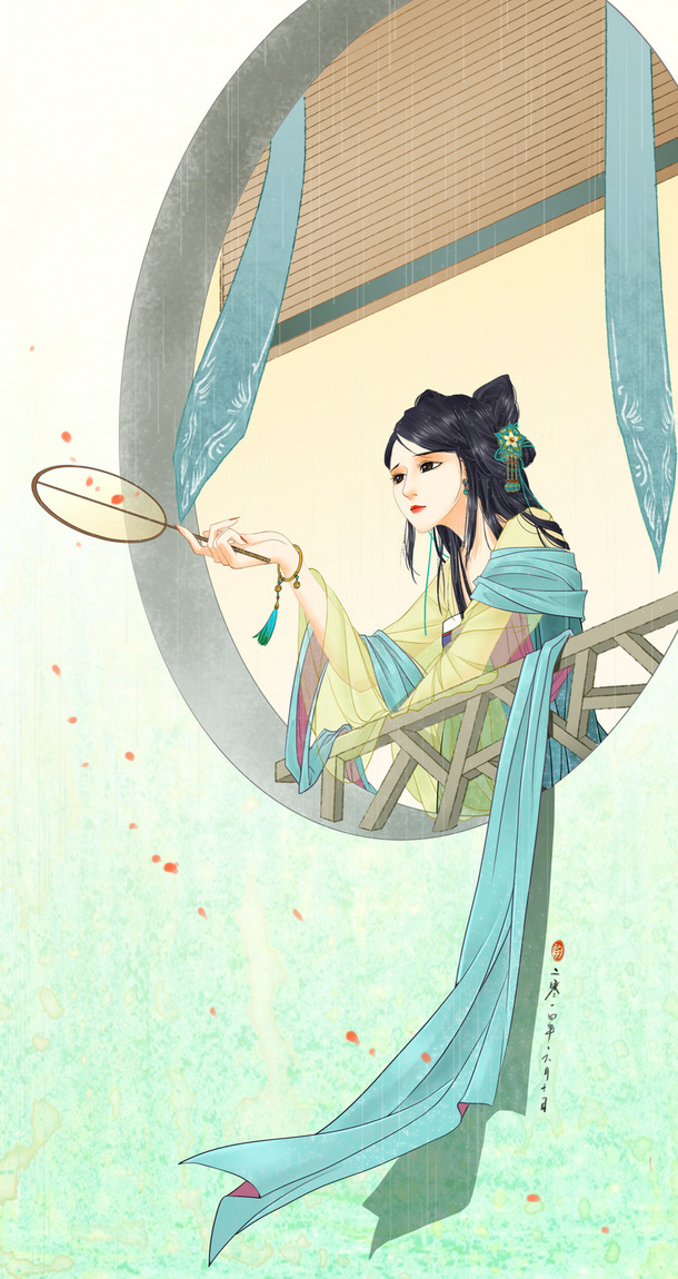 手绘古风美女雨天图，高清PNG透明背景，卡通手绘素材下载