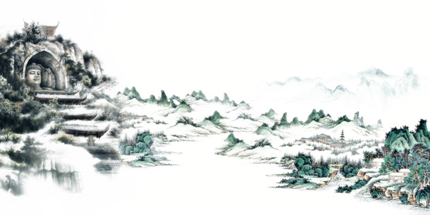 中国风山水画大佛PNG透明图，高清装饰元素与设计素材下载