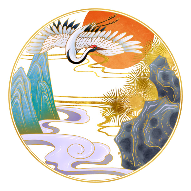 中国风烫金仙鹤远山太阳松树PNG边框装饰素材，高清透明，免费下载