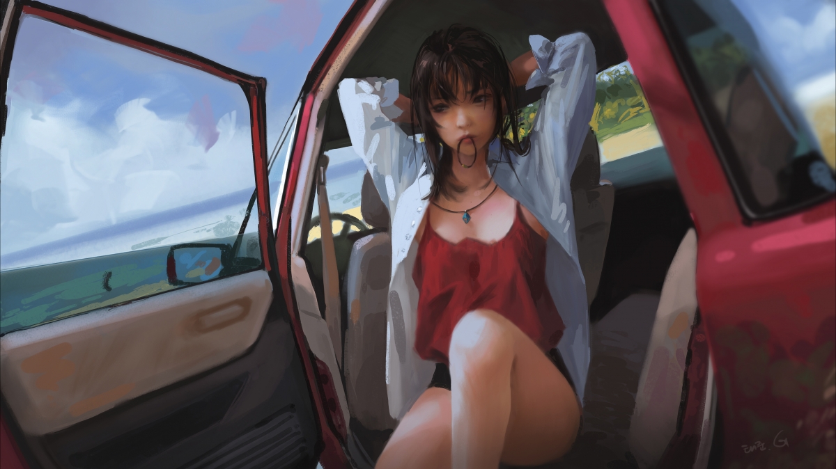 夏日少女辫子风情，汽车主题4K动漫壁纸高清下载