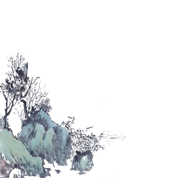 山水墨石手绘卡通PNG素材，高清透明图片设计元素下载